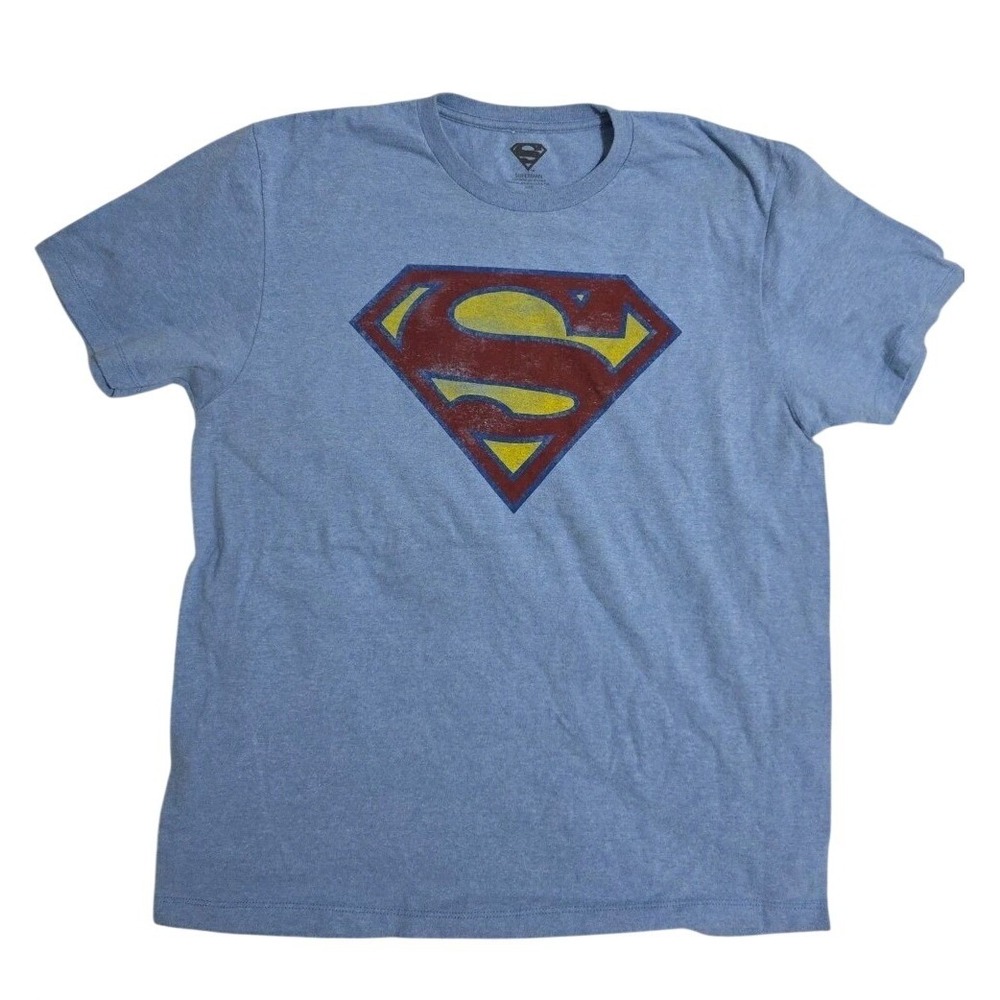 Superman DC Comics Graphic T-Shirt Mens Large Blue Distressed Shield Logo Tee